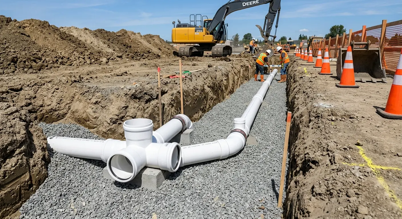 New PVC sewer pipe installation in open trench for Sewer Backup in Smithfield